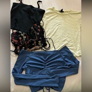 Blue Ruched Top, Yellow Eyelet Tee, Black Floral Embroidered Top